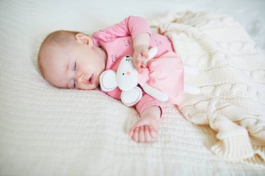 Bebek en sevdiği fare oyuncağıyla kestiriyor.