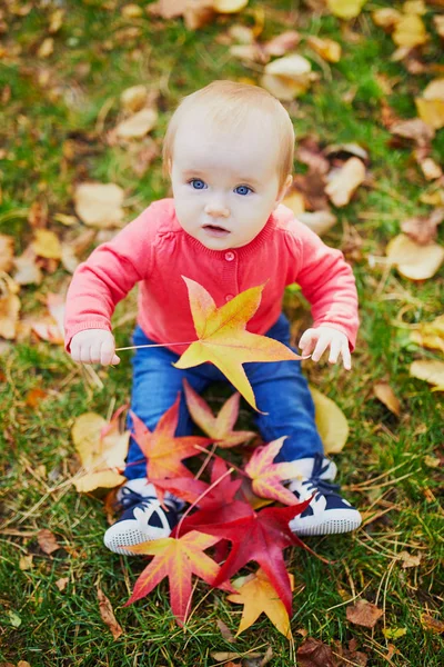 Girl sitting on the grass and playing with colorful autumn leaves — Stock Photo, Image
