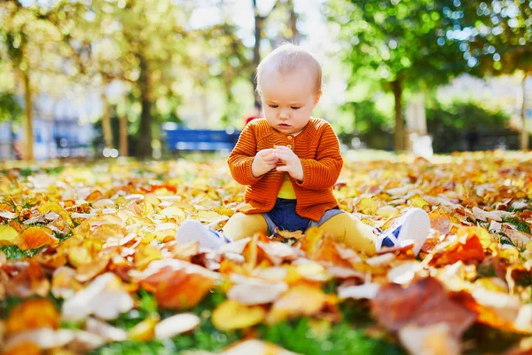 Entzückendes kleines Mädchen spielt mit gelben Herbstblättern — Stockfoto