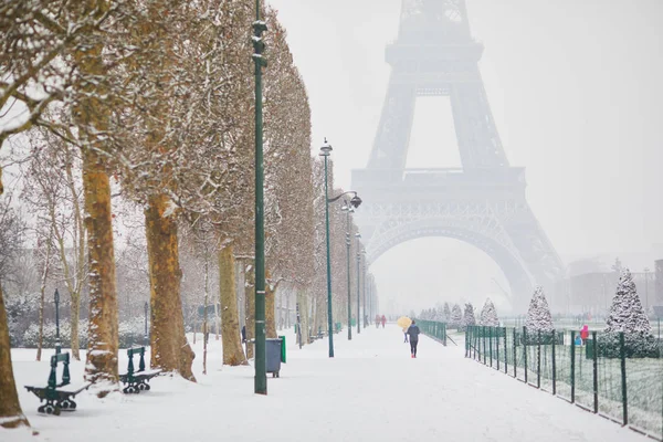 Vista panorâmica para a Torre Eiffel em um dia com neve pesada — Fotografia de Stock