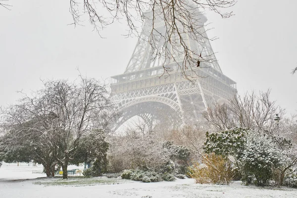 Живописный вид на Эйфелеву башню в день с сильным снегом — стоковое фото