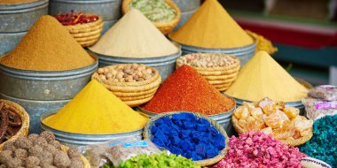 Selection of spices on a Moroccan market clipart