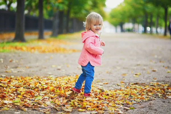 Adorable cheerful toddler girl running in park in Paris, France — Stock Photo, Image