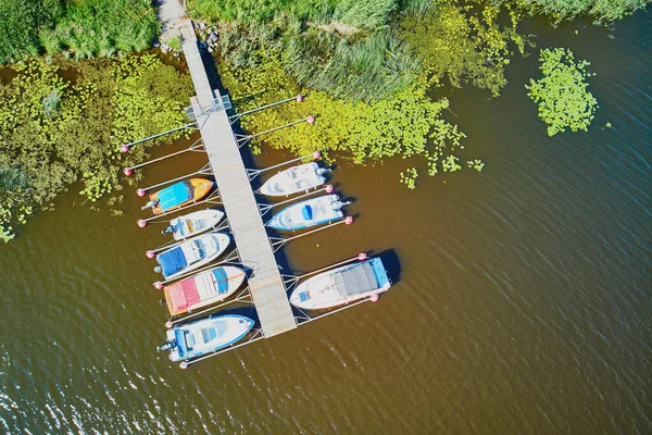 Scenic Top View Colorful Boats Wooden Berth Countryside Finland — ストック写真