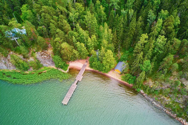 Vue Aérienne Panoramique Maison Lac Avec Couchette Bois Entourée Pinèdes — Photo