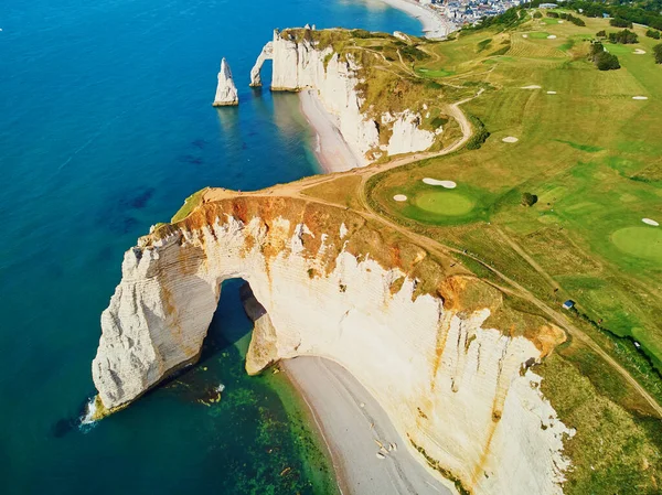 Picturesque Panoramic Landscape White Chalk Cliffs Natural Arches Etretat Seine — Stock Photo, Image