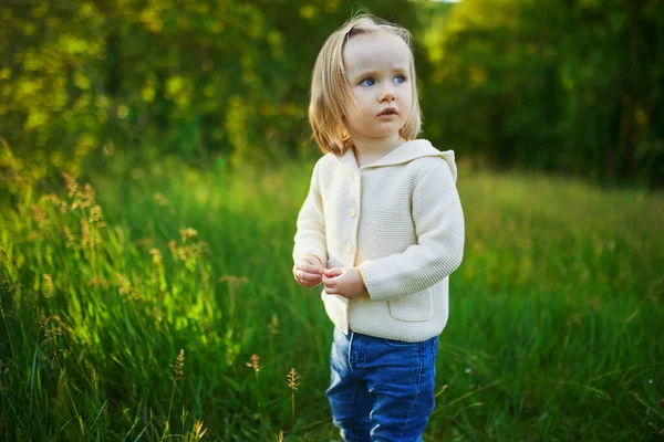 Adorable Petite Fille Marchant Dans Parc Forêt Enfant Qui Amuse — Photo