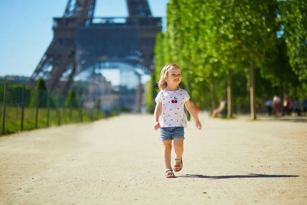 Cheerful Toddler Girl Running Eiffel Tower Paris France Happy Child — Stock Photo, Image