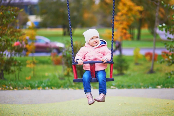 Adorable Little Girl Playground Toddler Having Fun Swing Fall Day — Stock Photo, Image