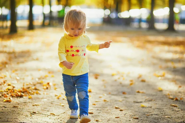 Liebenswertes Kleinkind Das Einem Sonnigen Abend Park Spazieren Geht Einem — Stockfoto