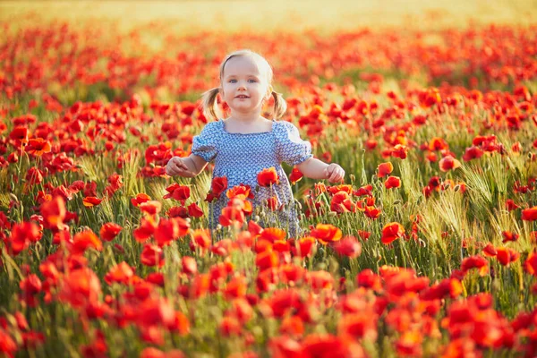 Adorable Toddler Girl Blue Dress Walking Field Blooming Poppies Happy — Stock Photo, Image