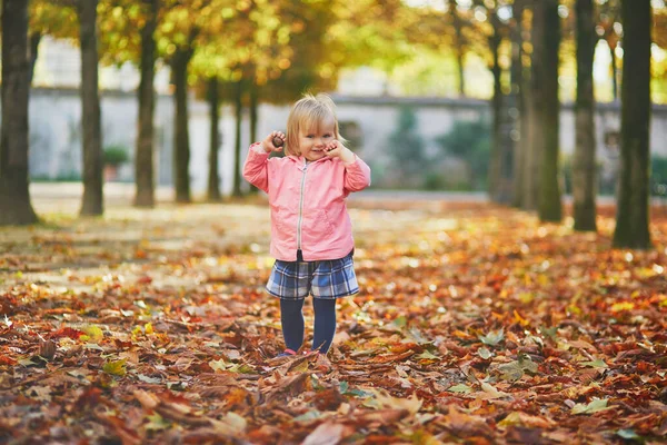 Adorable Cheerful Toddler Girl Running Tuileries Garden Paris France Happy — Stock Photo, Image