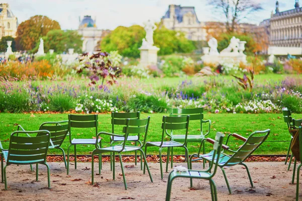 Traditional Green Chairs Tuileries Garden Paris Bright Warm Sunny Fall — Stock Photo, Image