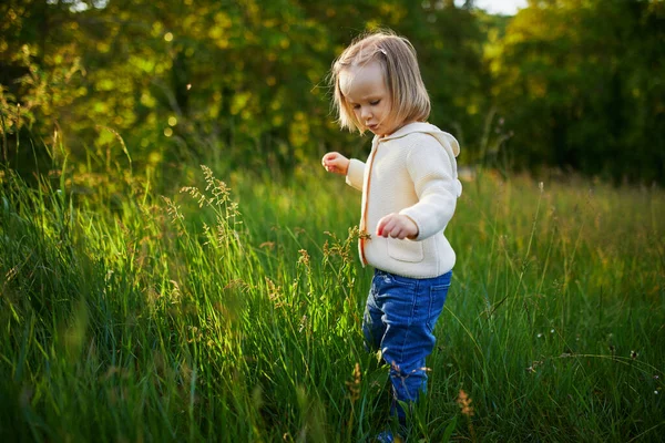 Adorable Toddler Girl Walking Park Forest Child Having Fun Outdoors Stock Photo