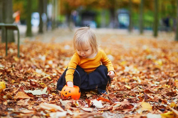 Adorable toddler girl in orange t-shirt and black tutu playing with colorful pumpkins and orange bucket lying on the ground in orange autumn fallen leaves. Happy kid celebrating Halloween