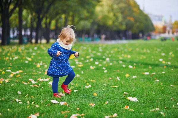 Adorable Cheerful Toddler Girl Running Autumn Park Paris France Happy — Stock Photo, Image