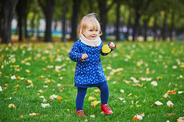 Adorable Cheerful Toddler Girl Running Autumn Park Paris France Happy — Stock Photo, Image