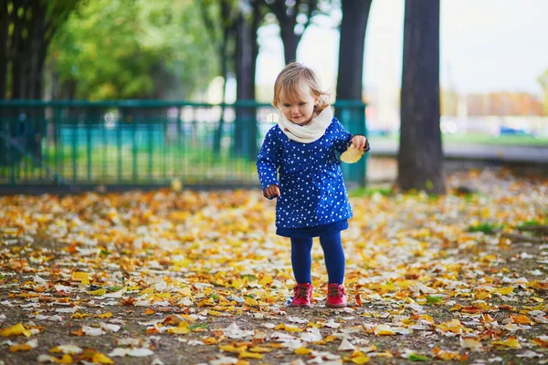 Schattig Vrolijk Peutermeisje Het Najaarspark Parijs Frankrijk Gelukkig Kind Geniet — Stockfoto