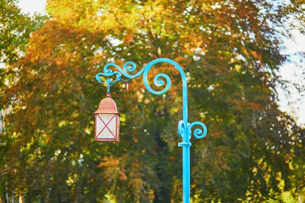 Farola Árbol Hojas Amarillas Parque Lámpara Calle Vintage Exterior Amarillo — Foto de Stock