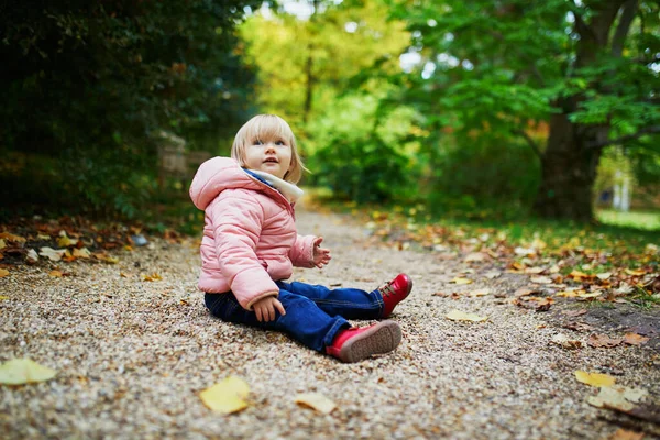 Αξιολάτρευτο Χαρούμενο Κοριτσάκι Στο Πάρκο Του Φθινοπώρου Στο Παρίσι Γαλλία — Φωτογραφία Αρχείου
