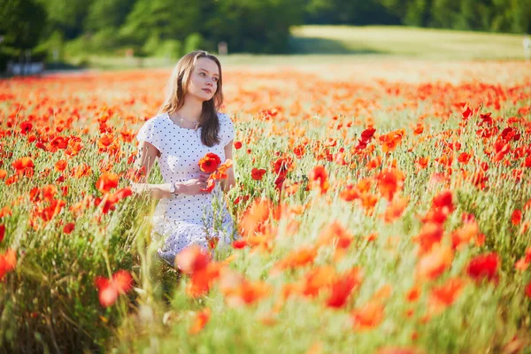 Beautiful Young Woman White Dress Walking Poppy Field Summer Day — Stock Photo, Image