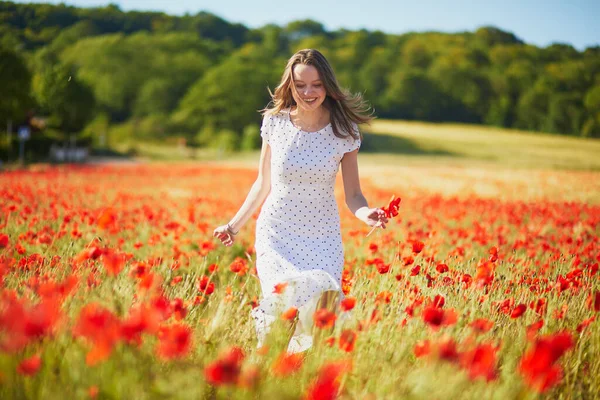 Beautiful Young Woman White Dress Walking Poppy Field Summer Day — Stock Photo, Image