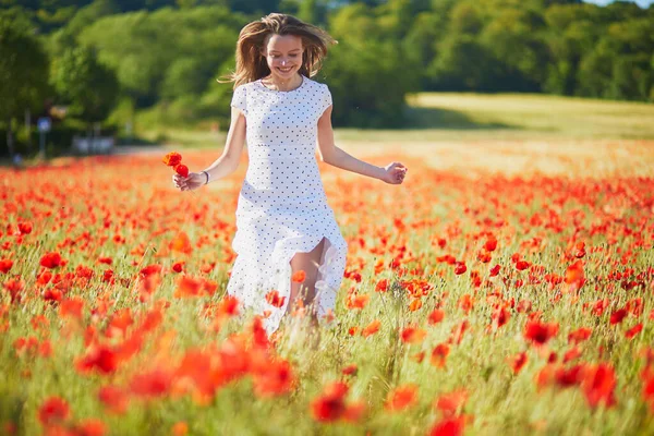 Beautiful Young Woman White Dress Walking Poppy Field Summer Day — Stock Photo, Image