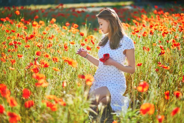 Beautiful Young Woman White Dress Walking Poppy Field Summer Day — Stock Photo, Image