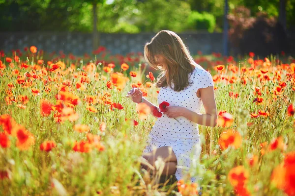 Beautiful Young Woman White Dress Walking Poppy Field Summer Day — Stock Photo, Image