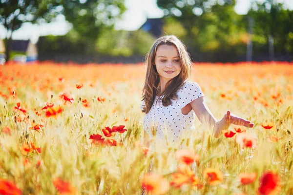 Beautiful Young Woman White Dress Walking Poppy Field Summer Day — Stock Photo, Image