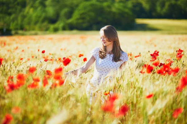 Beautiful Young Woman White Dress Walking Poppy Field Summer Day — Stock Photo, Image