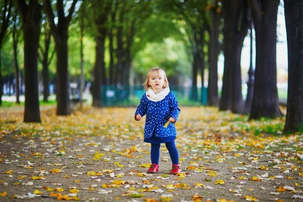 Αξιολάτρευτο Χαρούμενο Κοριτσάκι Που Τρέχει Στο Πάρκο Του Φθινοπώρου Στο — Φωτογραφία Αρχείου
