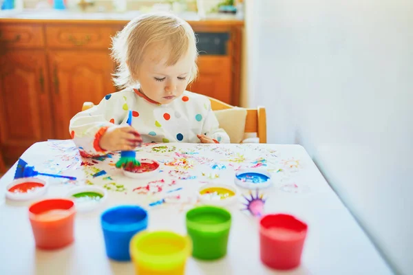 Adorable Little Girl Painting Fingers Home Kindergaten Preschool Creative Games — Stock Photo, Image