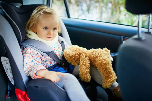 Entzückende Kleinkind Mädchen Modernen Autositz Mit Ihrem Lieblings Plüschtier Kleines — Stockfoto