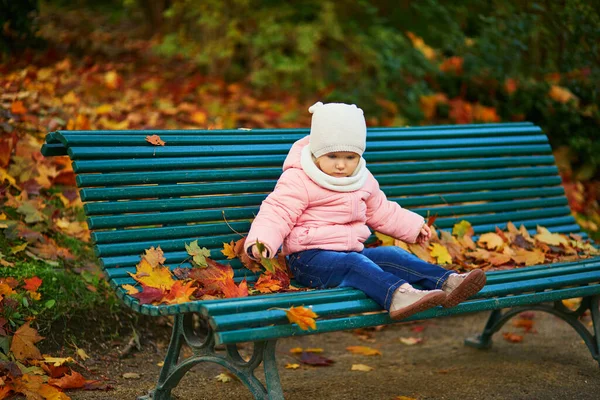 Menina Adorável Criança Sentada Banco Brincando Com Folhas Caídas Parque — Fotografia de Stock