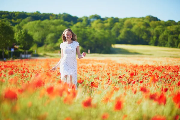 Beautiful Young Woman White Dress Walking Poppy Field Summer Day — Stock Photo, Image