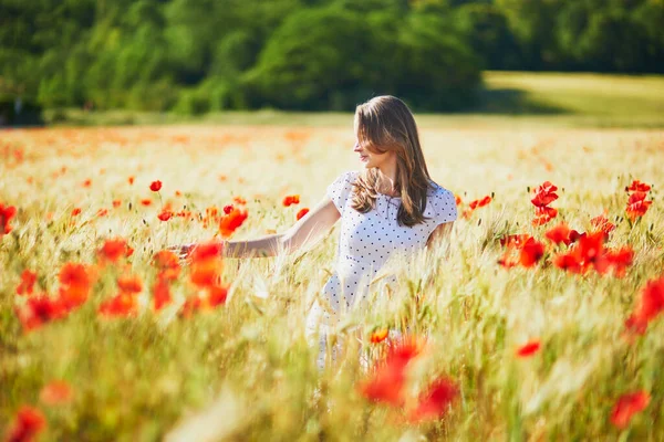 Beautiful Young Woman White Dress Walking Poppy Field Summer Day — Stock Photo, Image