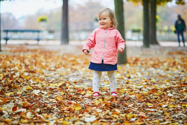 Schattige Vrolijke Peuter Meisje Loopt Tuileries Tuin Parijs Frankrijk Gelukkig — Stockfoto