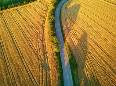 Fransa, Brittany 'deki otlakların ve tarım alanlarının havadan görünüşü. Yeşil tarlaları ve çayırları olan güzel bir Fransız kırsalı. Gün batımında kırsal alan