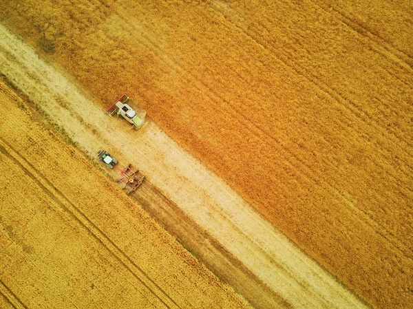 Harvesting Wheat Summer Aerial Drone View Two Harvesters Working Field — Stock Photo, Image