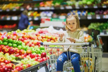 Markette ya da süpermarkette alışveriş arabasında oturan küçük tatlı bir kız. Küçük çocuk alışverişe gidiyor. Çocuklar için sağlıklı yiyecekler