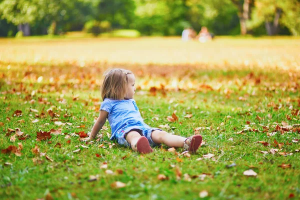 Unhappy Emotional Toddler Girl Sitting Ground Park Misbehaving Child Street — Stock Photo, Image