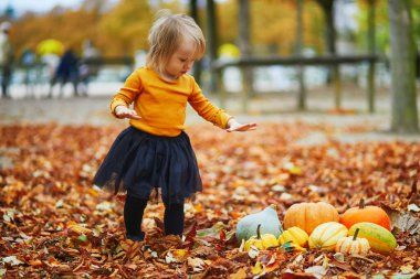 Turuncu tişörtlü, siyah etekli, turuncu sonbahar yaprakları içinde yerde uzanan renkli balkabaklarıyla oynayan sevimli kız. Mutlu çocuk Cadılar Bayramı kutluyor