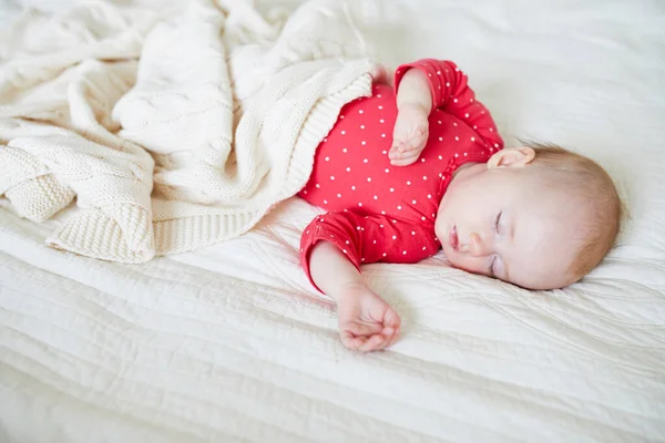 Baby Girl Sleeping Knitted Blanket Little Child Pink Clothes Having — Stock Photo, Image