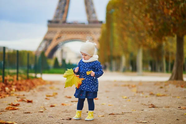 Niña Adorable Impermeable Azul Recogiendo Hojas Amarillas Caídas Cerca Torre — Foto de Stock