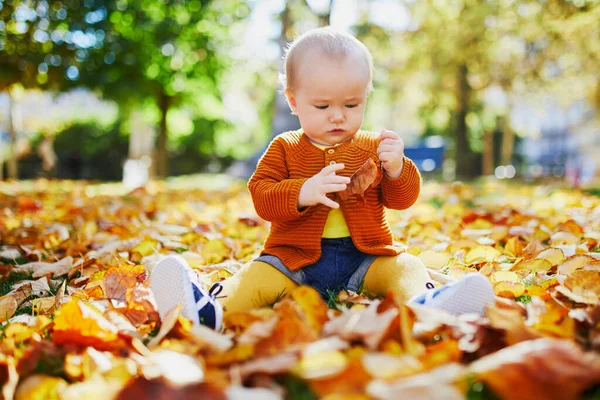 Cute Little Baby Girl Having Fun Beautiful Fall Day Child — Stock Photo, Image