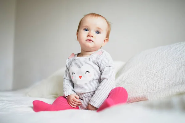 Baby Girl Sitting Bed Happy Healthy Little Child Home Infant — Stock Photo, Image