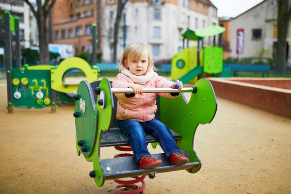 Adorable Toddler Girl Having Fun Spring Rider Playground Outdoor Activities — Stock Photo, Image