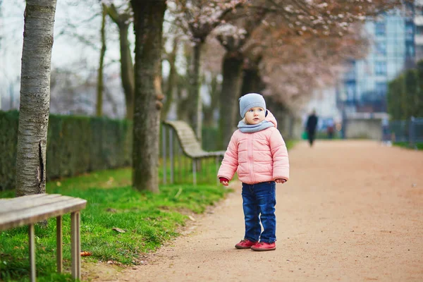 Schattig Peutermeisje Wandelend Park Winter Lentedag Parijs Frankrijk — Stockfoto