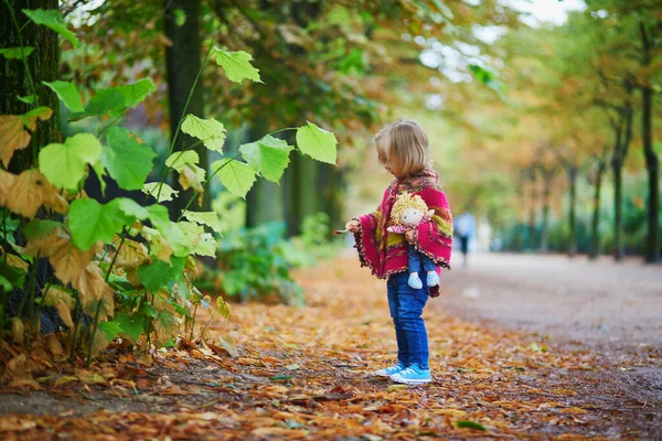 Adorable Niña Pequeña Caminando Parque Día Otoño París Francia Niño —  Fotos de Stock